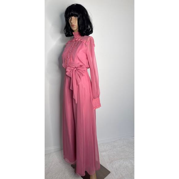 1970s Pink Chiffon Prairie Maxi High Neck Dress Lace Trim LGWD Canada XS - Picture 10 of 17